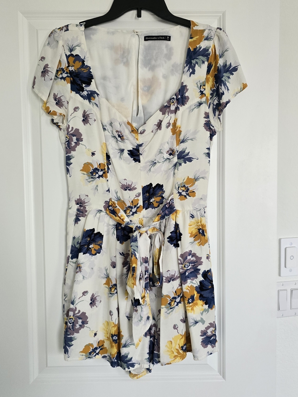 Abercrombie & Fitch White Floral Tie-Waist Romper with Mustard & Navy